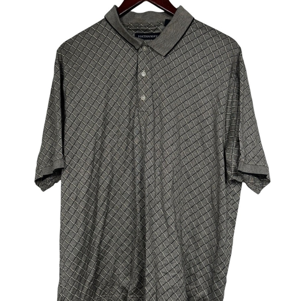 Hathaway Mens XL Gray Diamond Pattern Polo Shirt Short Sleeve Cotton‎ Blend